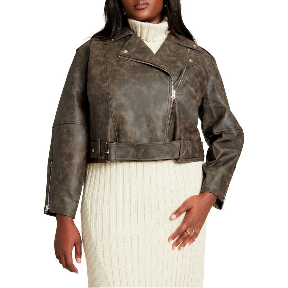 NEW Eloquii Women's Plus Size Patina Moto Jacket Brown 14-16 Faux Leather Belted